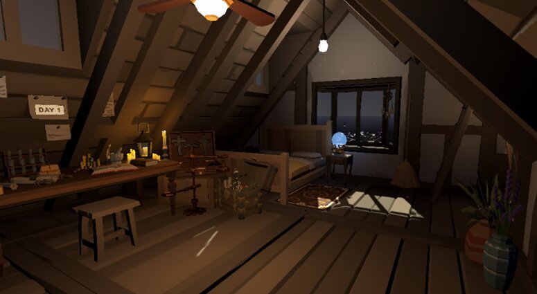 VR 게임 — 다락방 씬, 조명을 켠 밤 상태